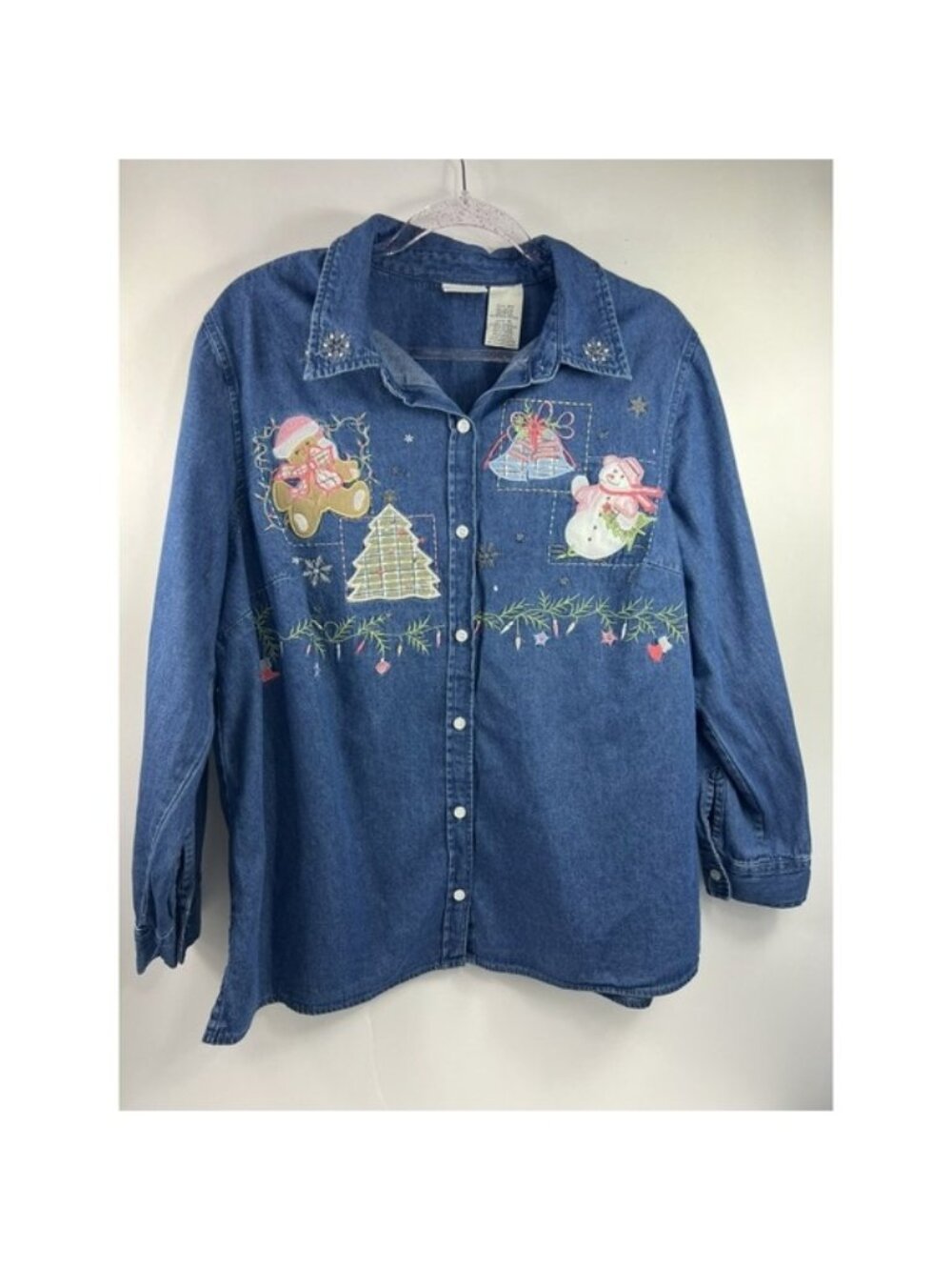 White Stag Plus Denim Shirt Women's Sz 16W Blue Christmas Appliqués Embroidered